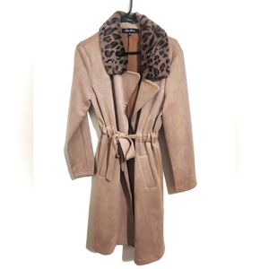 Long Suede Beige Leopard Print Fuzz Collar Coat